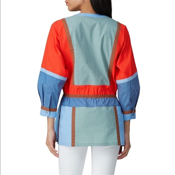 Tory Burch Colorblock Poplin Tunic Top V-Neck 3/4 Sleeve Tie Waist Tasseled - Picture 10 of 11
